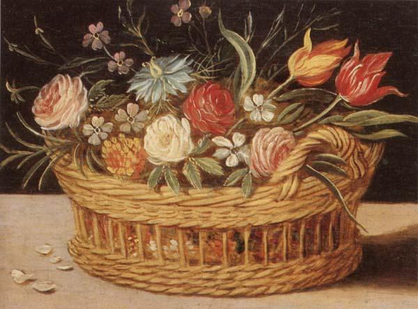 unknow artist Still life of roses,tulips,chyrsanthemums and cornflowers,in a wicker basket,upon a ledge oil painting image
